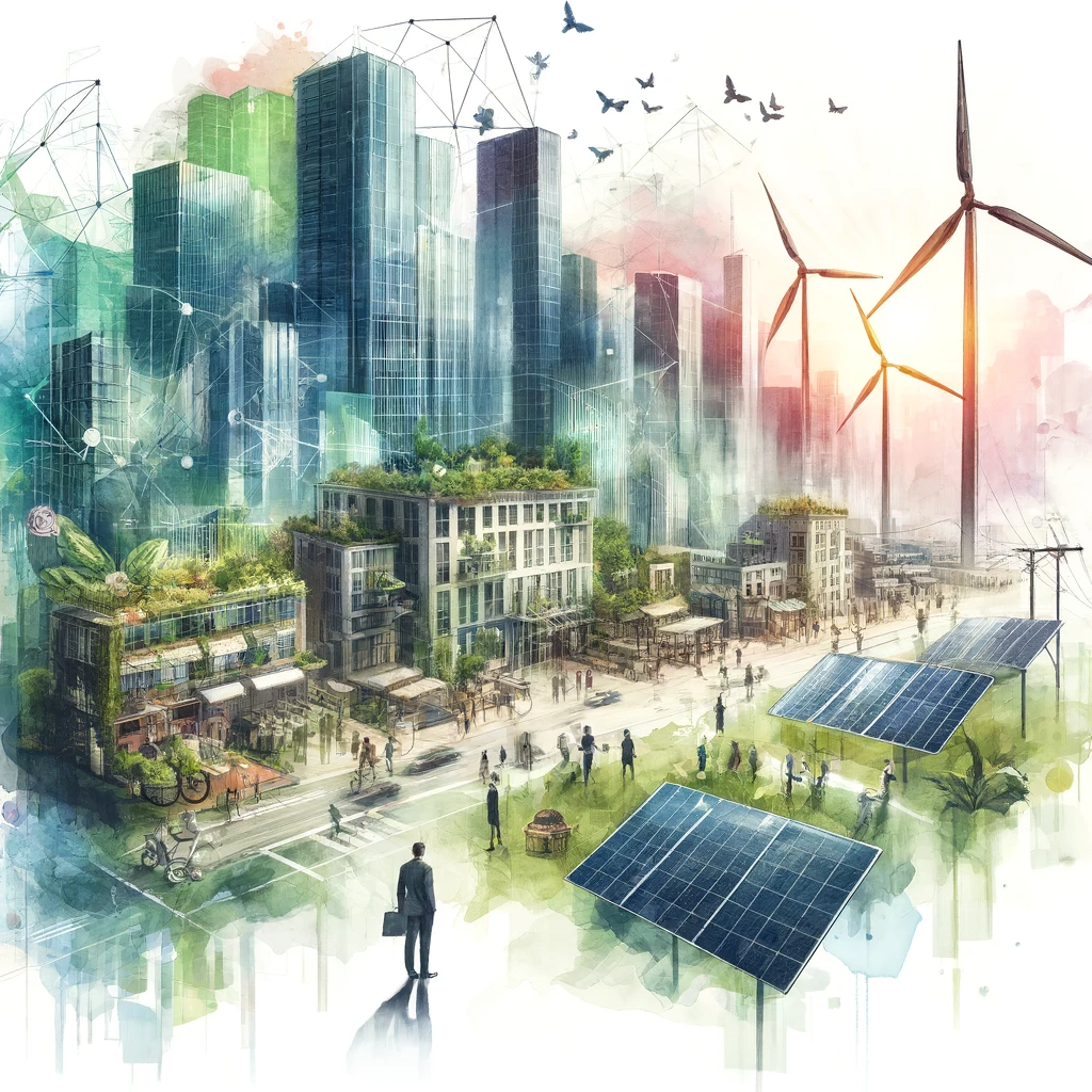 Image d'une ville en aquarelle avec des panneaux solaires, toits verts, éoliennes, et des personnes dans un environnement urbain durable, ornée de formes géométriques superposées.